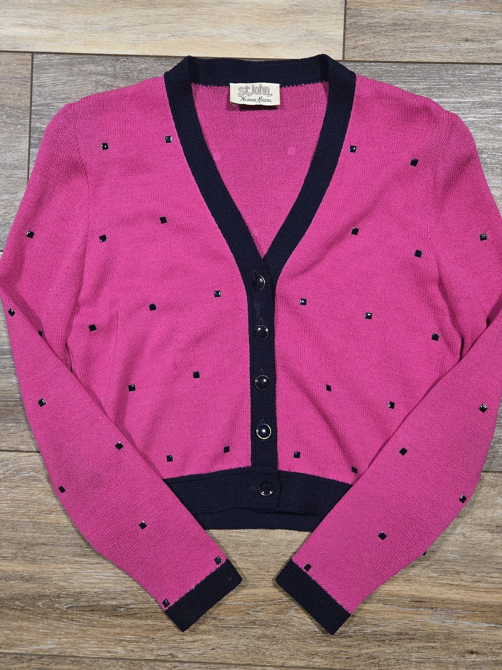 VTGSt. John For Neiman Marcus Pink Cardigan with Black Trim and Square Accents